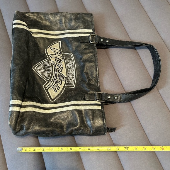 Vintage HARLEY DAVIDSON Black Leather Logo Tote / Messenger Bag / Purse - Picture 3 of 9